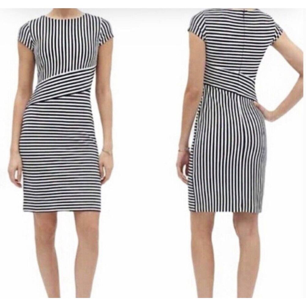 Banana Republic Sz 0 Navy Blue & White Stripe Sheath Cap Sleeve Geometric Dress